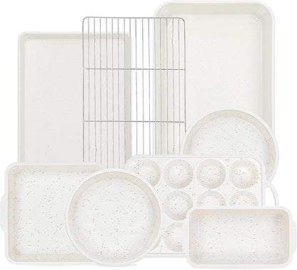 8 Pcs Baking Pans Set, Silicone Bakeware Sets with Metal Reinforced Frame, Nonstick Stackable Carbon Steel Non Toxic Baking Sets for Cooking (Cream)