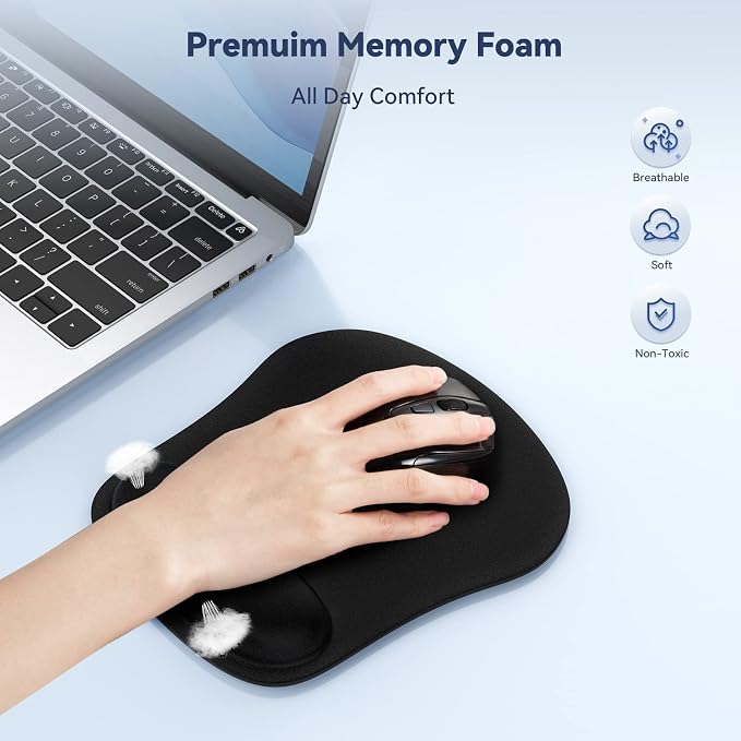 TECKNET 2 Pack Gaming Ergonomic Mouse Pad with Wrist Support Black | Soft Memory Foam, Fast Rebound, Pain Relief，Waterproof Surface, Non-slip Base