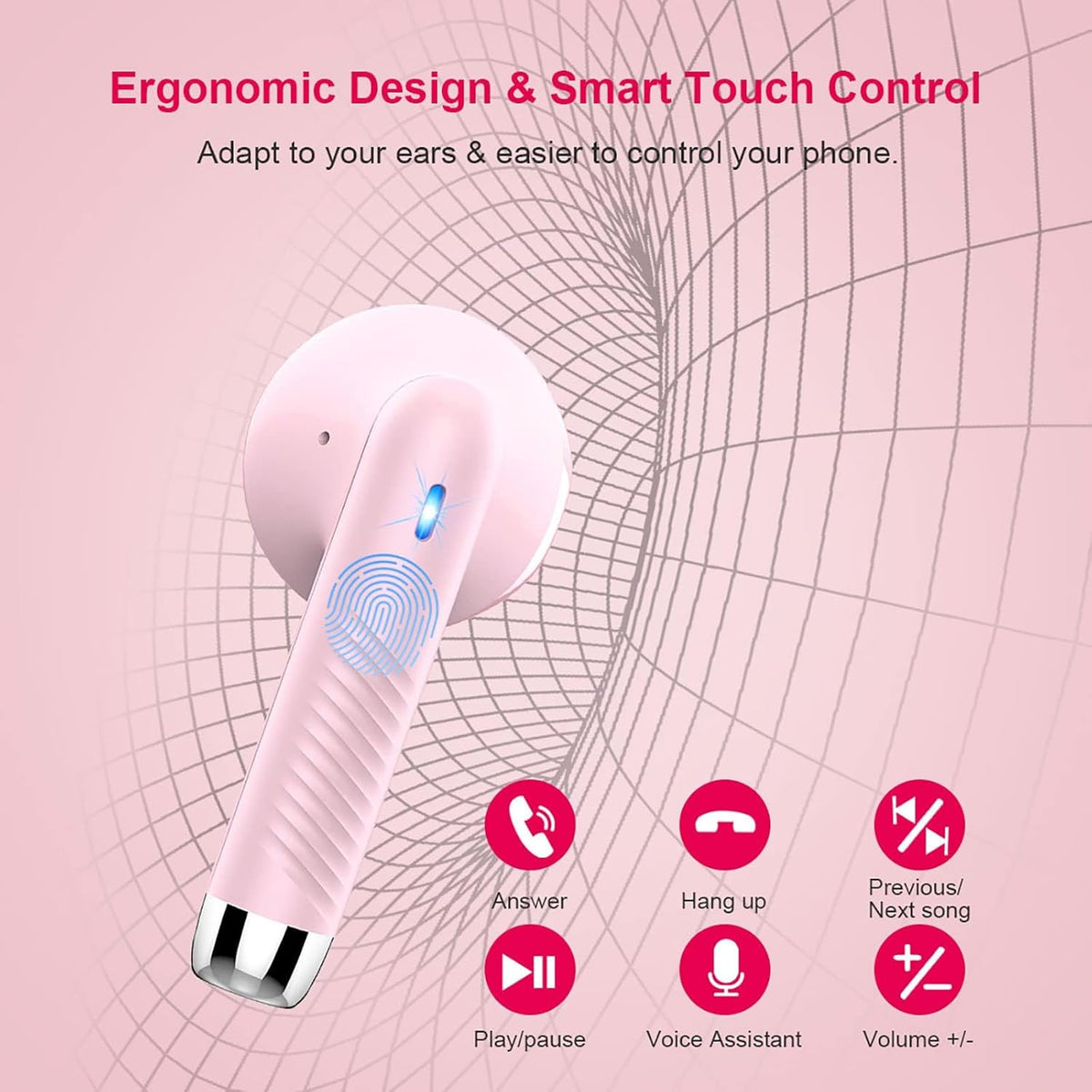 Wireless Earbuds, Bluetooth 5.4 Earbuds Stereo Bass, Bluetooth Headphones in Ear Noise Cancelling Mic, Wireless Earphones IP7 Waterproof Sports, 32H Playtime Mini USB C Charging Ear Buds Light Pink