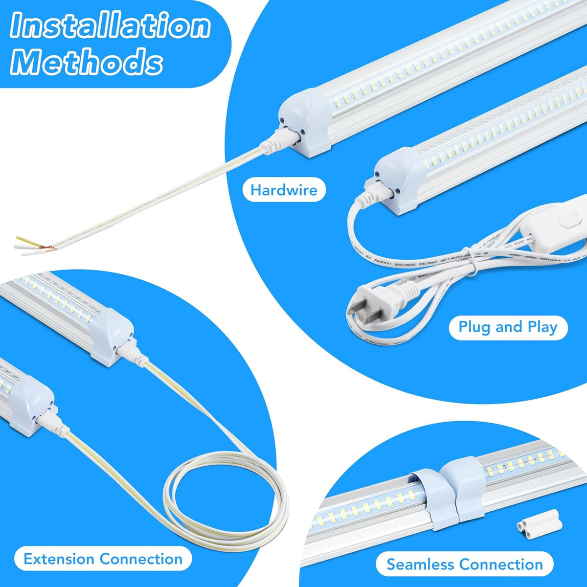 10 Pack 8FT T8 LED Shop Lights, 120W Integrated Tube Light, 19200LM 6000-6500K Daylight, Linkable Lighting, Plug & Play Energy-Saving Commercial Bay Lighting Garage Warehouse Basement (V4-4)
