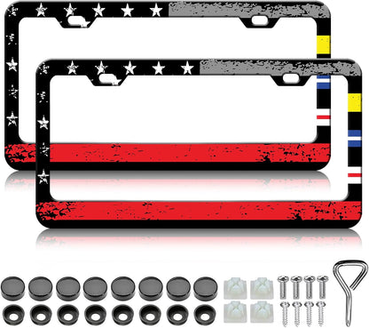 American Flag License Plate Frames - 2 Pack Colorful US Flag Stainless Steel License Plate Holder,Rust-Proof Waterproof Car Decorative Tag Frame with Screws Fasteners Caps