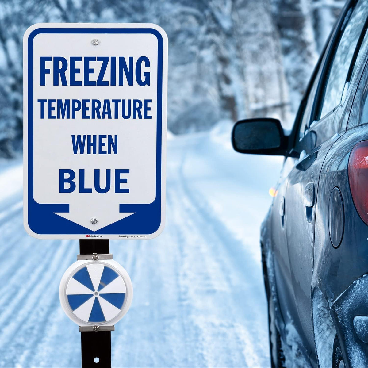 SmartSign Freezing Temperature When Blue Sign with Arrow - 18 x 12 inch, 63 mil Aluminum, 3M Laminated Engineer Grade Reflective Material, Blue and White, Made in USA