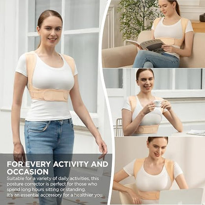 Posture Corrector for Women and Men, Adjustable Upper Back Brace for Clavicle Support and Providing Pain Relief from Neck, Shoulder, and Upper Back (Beige, Small/Medium)