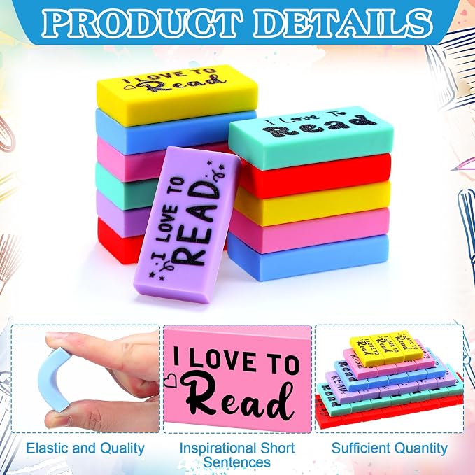 Dunzoom 100 Pcs Inspirational Erasers for Kids Back to School Gifts I Love to Read Small Colorful Pencil Erasers for Students Classroom Cute Motivational Gift for Drawing School Office Supplies