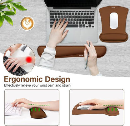 MOSISO Wrist Rest Support for Mouse Pad & Keyboard Set, Ergonomic Mousepad Non-Slip Base Home/Office Pain Relief & Easy Typing Cushion with Neoprene Cloth & Raised Memory Foam, Brown