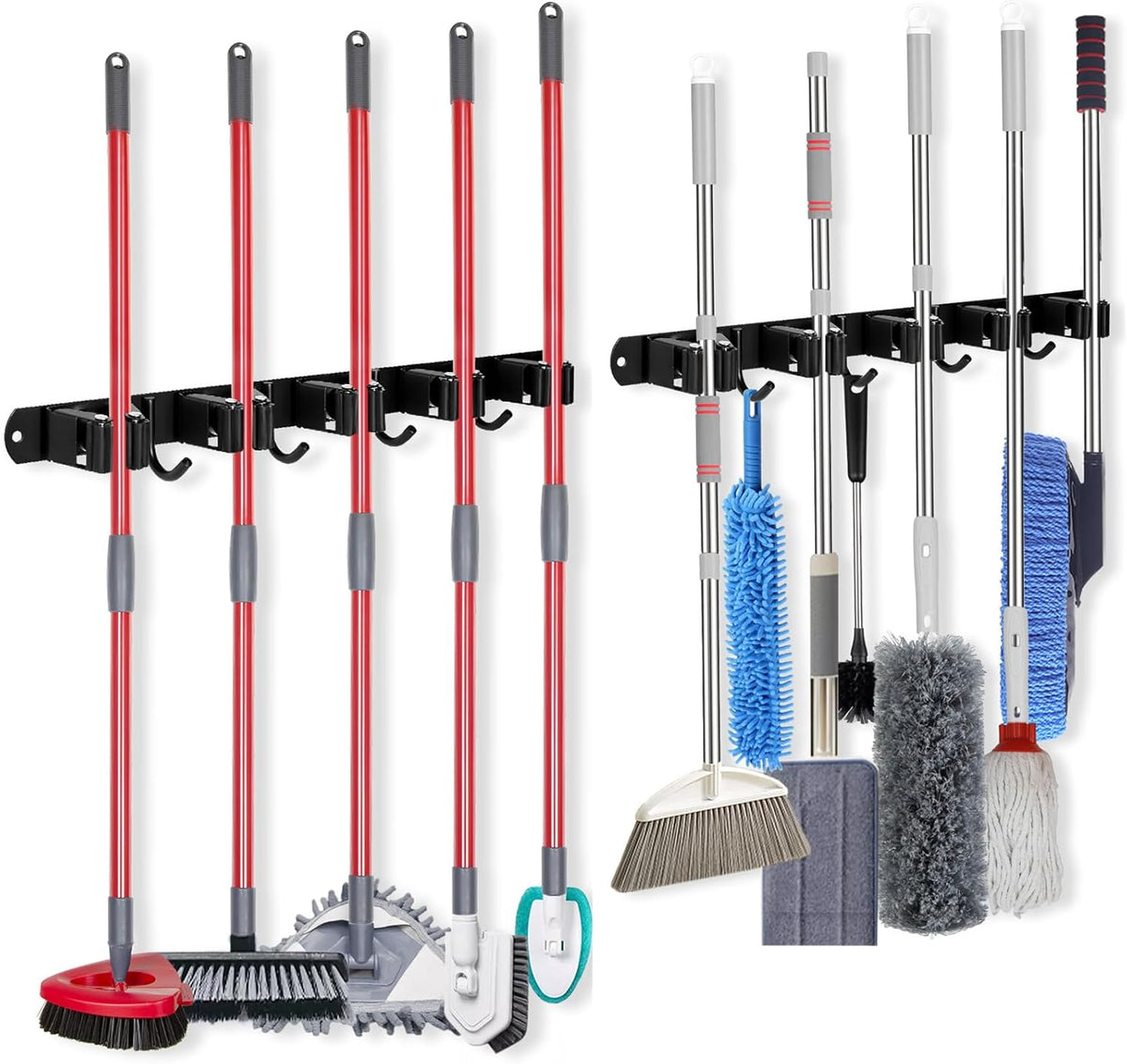 voze [2 Pack] 5 Racks and 4 Hooks Mop and Broom Holder Wall Mount, Self Adhesive Heavy Duty Broom Organizer Storage Tool Racks for Kitchen Garden Laundry Garage Black