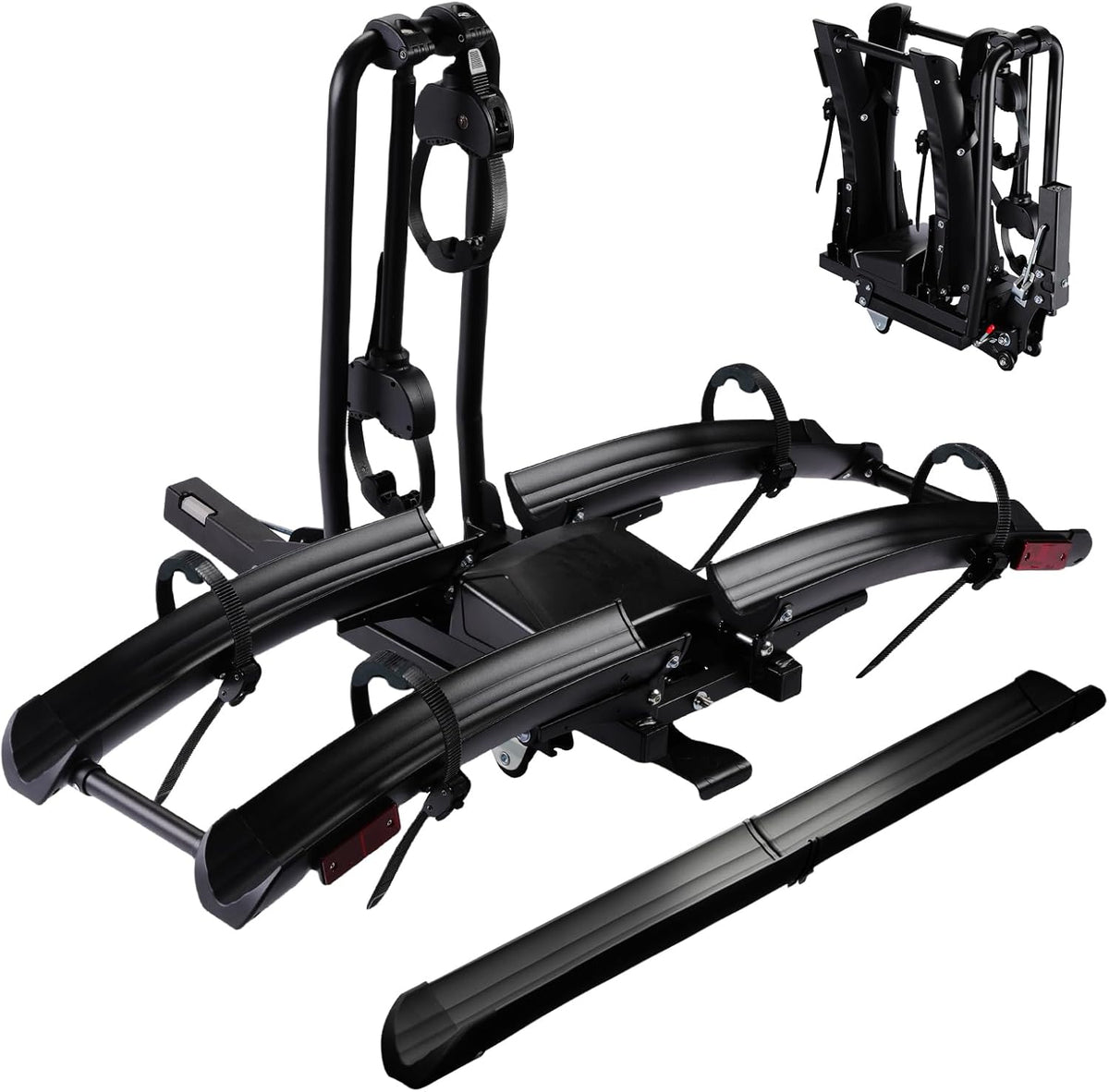 Foldable Electric Bike Rack Hitch Mount with Ramp for 2" Receiver, 2 Bike Rack for Car, Up to 4’’ Fat Tire, 136 lbs Capacity, with Locks, Tiltable, Wheels for Easy Transport
