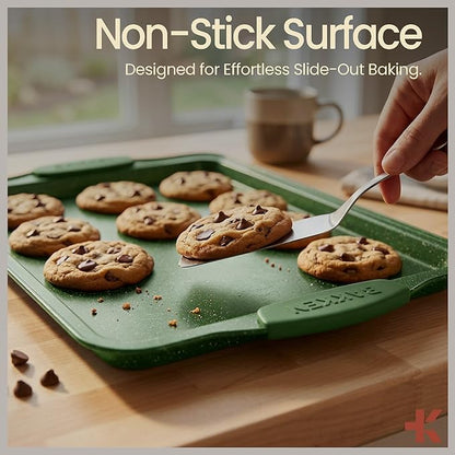 BAKKEN Kitchen Baking Pan Set - Nonstick Green Marble Coating, Carbon Steel Bakeware Sets with Green Silicone Handles, Kitchen Essentials, PFOA, PFOS, PTFE Free, Oven Safe (Up To 450° F), Set of 10