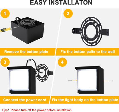 Outdoor Wall Light, 6000K Daylight Small Anti Rust Exterior Wall Lighting Fixtures, Black Square Wall Mount 12W LED Porch Lights for House with Waterproof for Front Porch, Garage, Patio