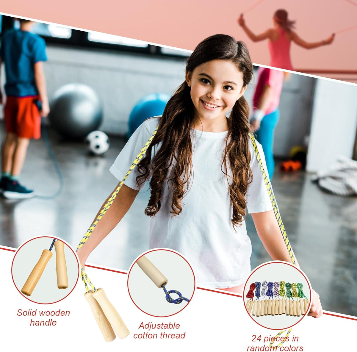 Lenwen Jump Rope Bulk for Kids 7.25 ft Cotton Skipping Rope Adjustable with Wooden Handle for Training Outdoor Exercise Christian Charity Donation Operation Christmas Supplies