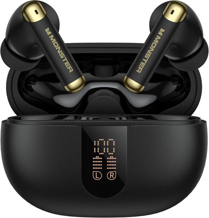 Monster N-Lite 211 Wireless Earbuds， Bluetooth 6.0 Stereo Headphones with Noise-Cancelling Mic and LED Display, Built-in Mic for Clear Calls, Waterproof Design for Sports