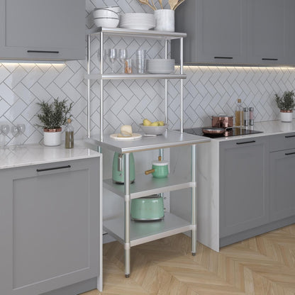 Amgood Stainless Steel Work Table with 2 Shelves | Metal Kitchen Prep Table & Shelving Combo (24" x 30" Table with 2 Shelves + 12" Overshelf)