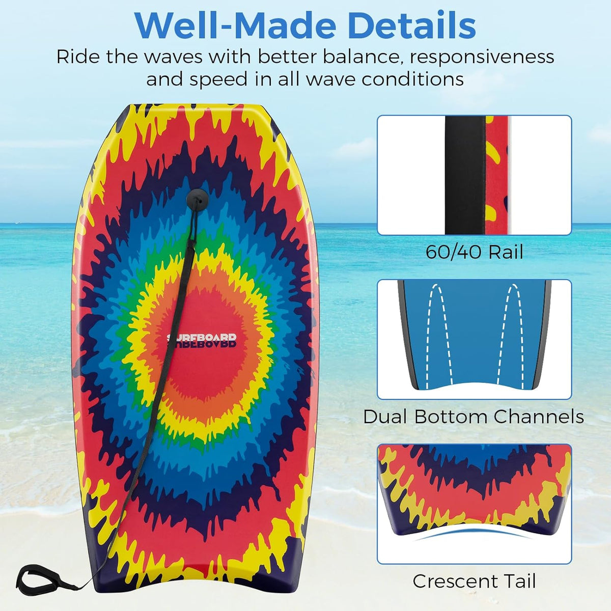 KOTEK 33/37/41 Inch Body Board with Wrist Leash, EPS Core, Dual Channel, HDPE Slick Bottom, Bodyboard for All Skill Levels & Wave Conditions