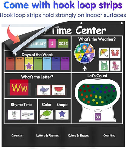 Auchq Circle Time Learning Center Pocket Chart, Heavy-Duty Kids Calendar for Classroom, Educational Pocket Chart Learning Calendar Weather Letter Counting Rhyme Color Shape(Black)