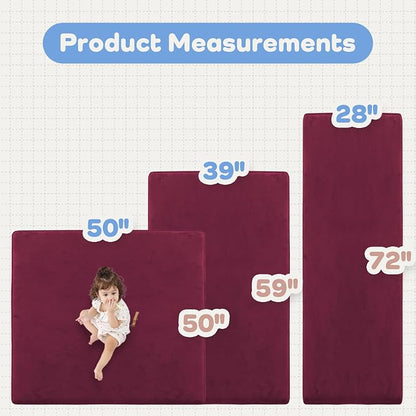 1.3" Thick Baby Floor Play Mat 50x50 Padded Foam Mat, Burgundy | Memory Mat for Baby to Play on Floor Waterproof Easy Care with Non-Slip Tummy Time Play Mat for Nursery Playroom Classroom