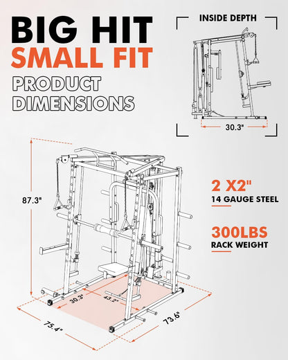 Mikolo All-in-One Smith Machine Home Gym, 2000LBS Power Cage with Cable Crossover System, Integrated Squat Rack with Weight Bar for Full-Body Training—LAT Pulldown, T-Bar Row, Triceps, Chest Fly