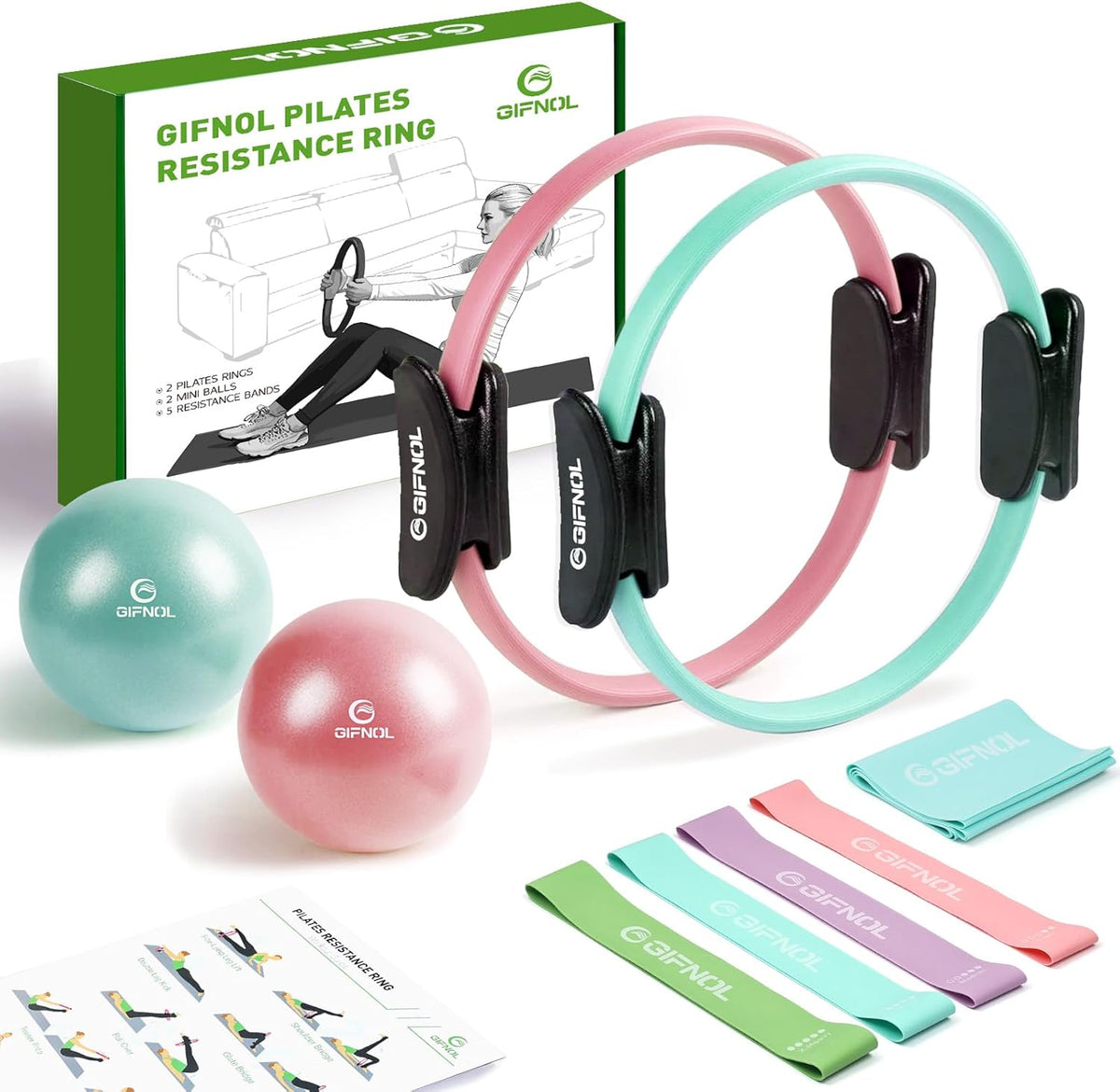 Pilates Ring and Ball Set with Resistance Bands - Pilates Equipment for Home Workout - 14'' & 12'' Pilates Rings, 2 Pilates Balls, 5 Resistance Bands for Toning Arms, Thighs/Legs & Core