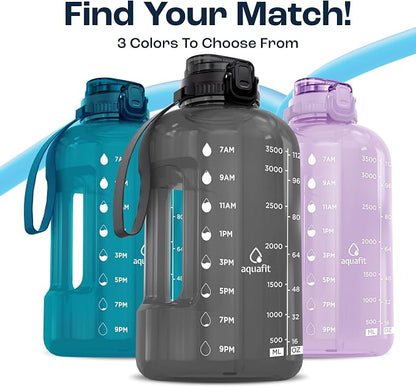 AQUAFIT Gallon Water Bottle with Time Marker, 2in1 Lid | BPA Free 128 oz Water Bottle with 2in1 Straw and Chug Lid - Leakproof Gym Water Bottle with Carry Handle (Aqua)