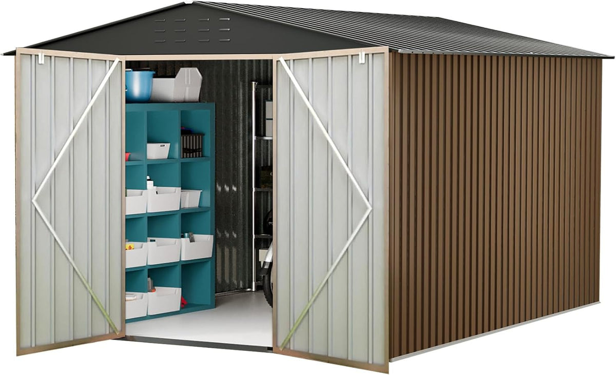 10x10FT Outdoor Metal Storage Shed, Lockable Weatherproof Garden Shed for Tools & Equipment, Durable Galvanized Steel with Sloping Roof & Ventilation, Ideal for Backyard, Patio & Garage Storage, Brown