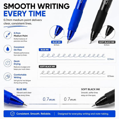 Volcanics 24 Pack Retractable Erasable Gel Pens, 12 Blue & 12 Soft Black Ink, 0.7mm Medium Point Clicker Erasable Pens with Built-in Eraser for School, Office, Note Taking and Journaling