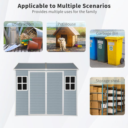 8x6 FT Outdoor Storage Shed, Resin Garden Shed with Thick Floor, Plastic Storage Shed with 2 Windows, Waterproof Outside Tool Shed with Lockable Hinged Doors for Backyard, Patio, Lawn, Light Gray