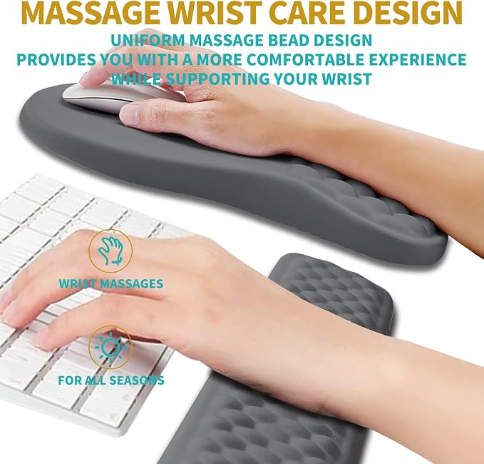 Hokafenle 2 in 1 Ergonomic Mouse Pad Wrist Support & Wrist Rest for Computer Keyboard Set, with Relieve Carpal Tunnel Pain Massage Bulge and Full Memory Gel Design (2In1 Set, Dark Gray)