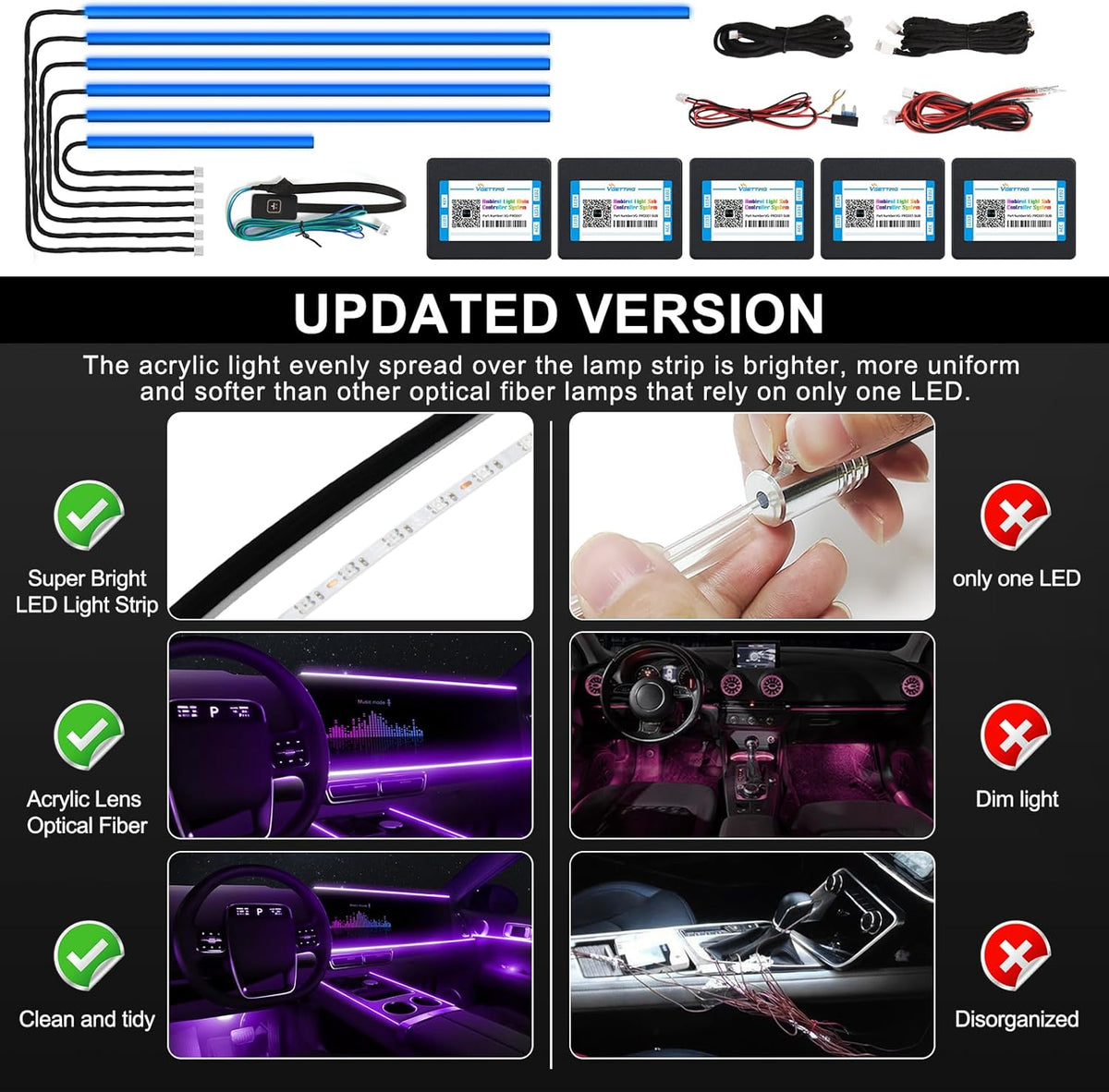 Acrylic Interior Car LED Strip Light with Wireless APP, RGB 6 in 1 with 175 inches 600 LEDs Fiber Optic Car Ambient Lighting Kits, 16 Million Colors Sound Active Function LED Strip for Car