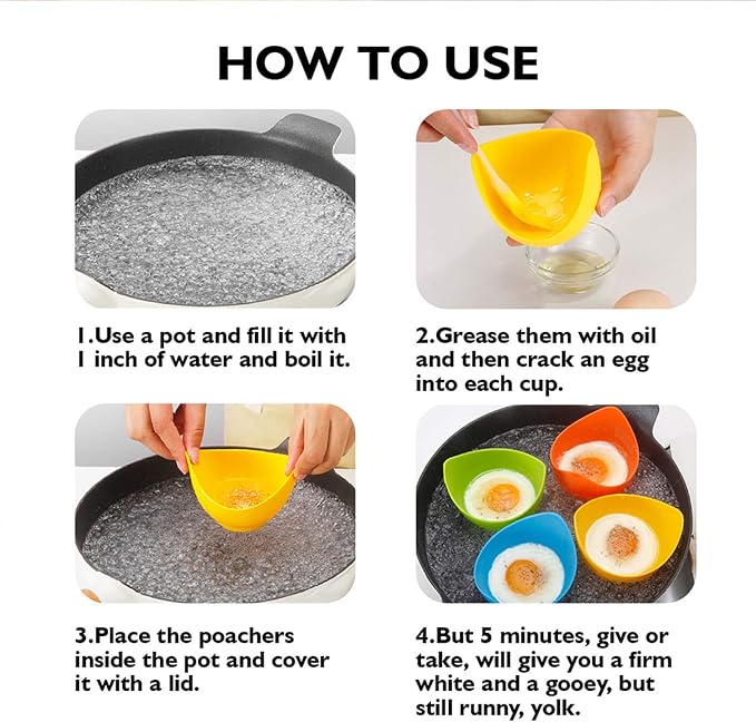 Egg Poacher - KRGMNHR Poached Egg Cooker with Ring Standers, Silicone Egg Poacher Cup for Microwave & Stovetop Egg Poaching, Oil Brush, BPA Free, 4 Pack