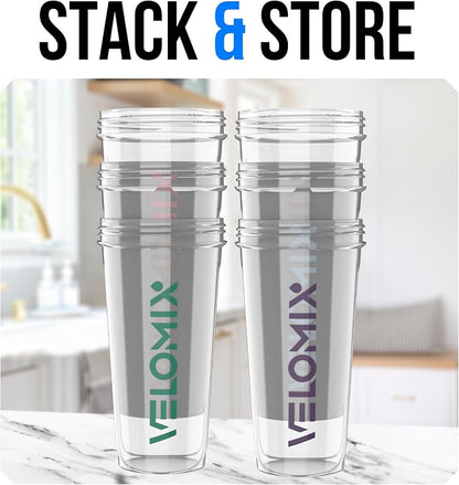 VELOMIX 6 Pack 28oz Protein Shaker Bottle for Protein Mixes, Muted Clarity | 6x Wire Whisk, Leak Proof Shaker Cups for Protein Shakes, Stackable, Multipack Value Set for Home, Gym, Office and Car