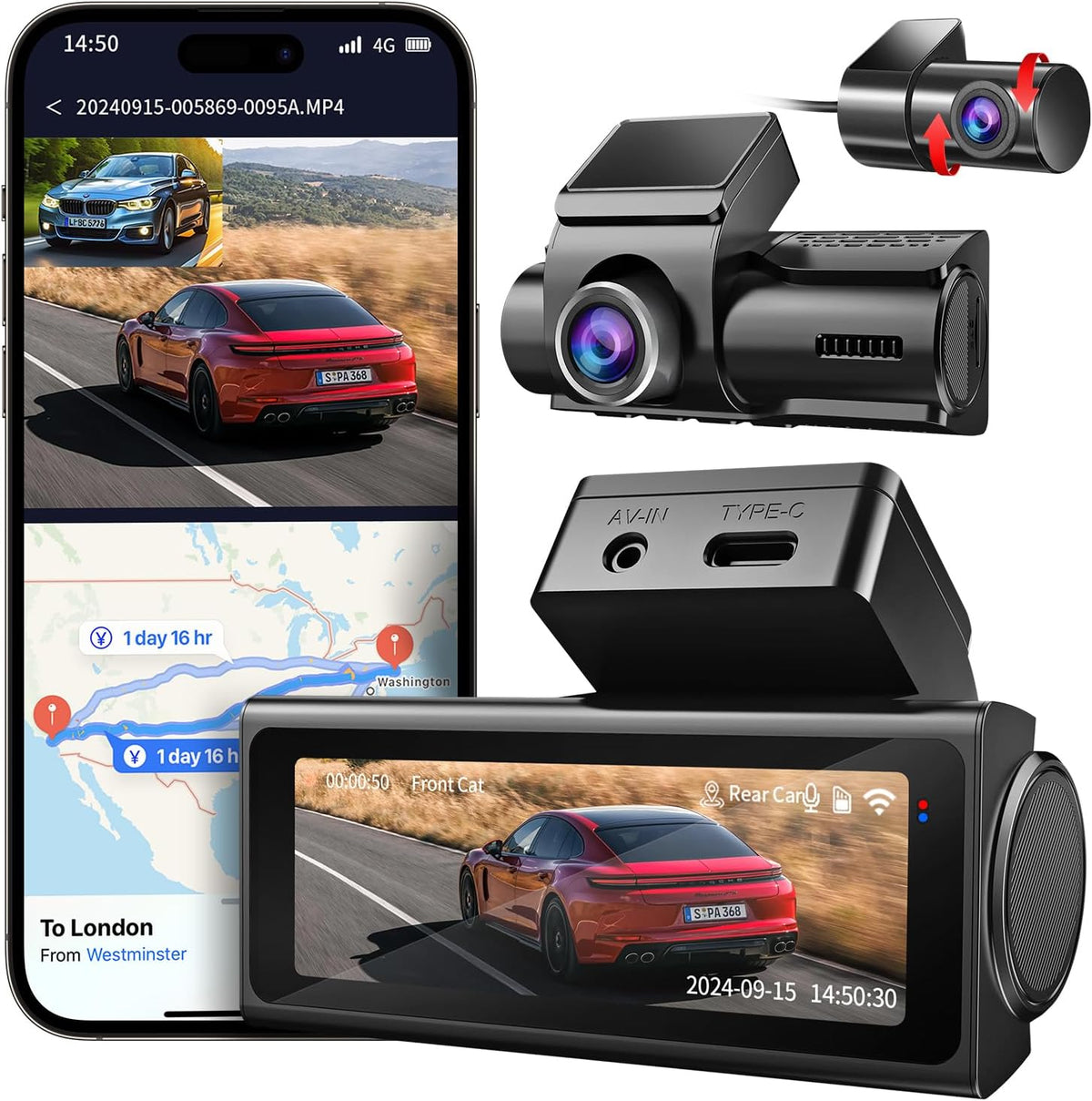 Dash Cam Front and Rear, UHD 4K Night Vision Dash Camera for Car with 3.2'' IPS Screen, 30FPS Dashcam Built-in GPS with App Control, 24H Parking Mode, G-Sensor