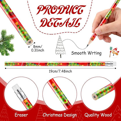 Yexiya 48 Pcs Christmas Pencils Wood with Erasers 12 Designs Bulk