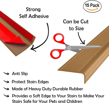 Rubber Bond Stair Edge Protector (Pack of 15) 36x2x1 inch Anti-Slip Stair Corner Trim Rubber Strips - Waterproof Self-Adhesive Staircases for Outdoor & Indoor Uses | Protect Kids & Pets - Brown