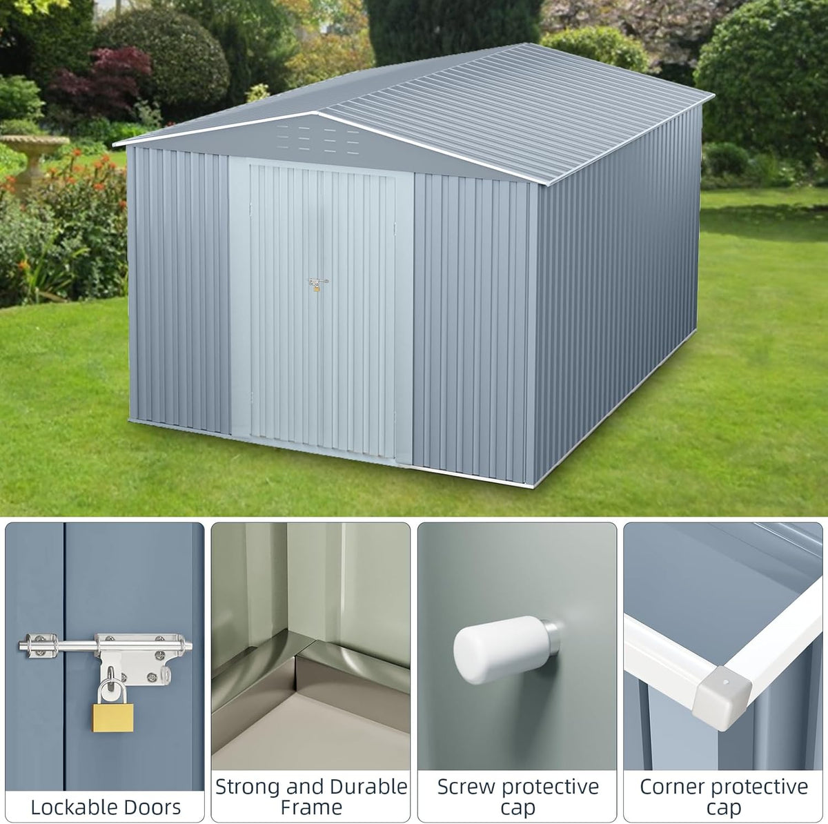 10x10FT Outdoor Metal Storage Shed, Lockable Weatherproof Garden Shed for Tools & Equipment, Durable Galvanized Steel with Sloping Roof & Ventilation, Ideal for Backyard, Patio & Garage Storage, Grey