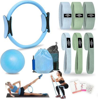 Pilates Essentials Kit for Home Women, Pilates Equipment for Workouts, 6 Fabric Resistance Bands, 12 Inch Magic Circle Yoga Ring, Mini Exercise Ball, Great Exercise Equipment