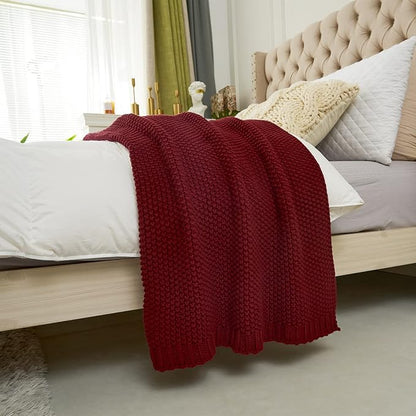 Longhui bedding Chunky Cable Knit Throw Blanket Lightweight Burgundy 100% Organic Cotton Blanket for Sofa Couch Bed Baby Nursery, Rustic Shabby Chic Modern Farmhouse, 51” x 63” Give Laundering Bag