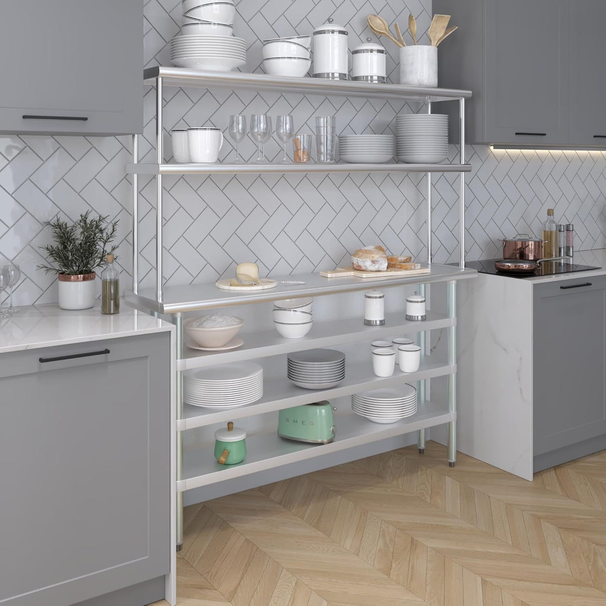 Amgood 14" x 60" Stainless Steel Work Table with 3 Shelves and 12" Wide Double Tier Overshelf | Metal Kitchen Prep Table & Shelving Combo | NSF