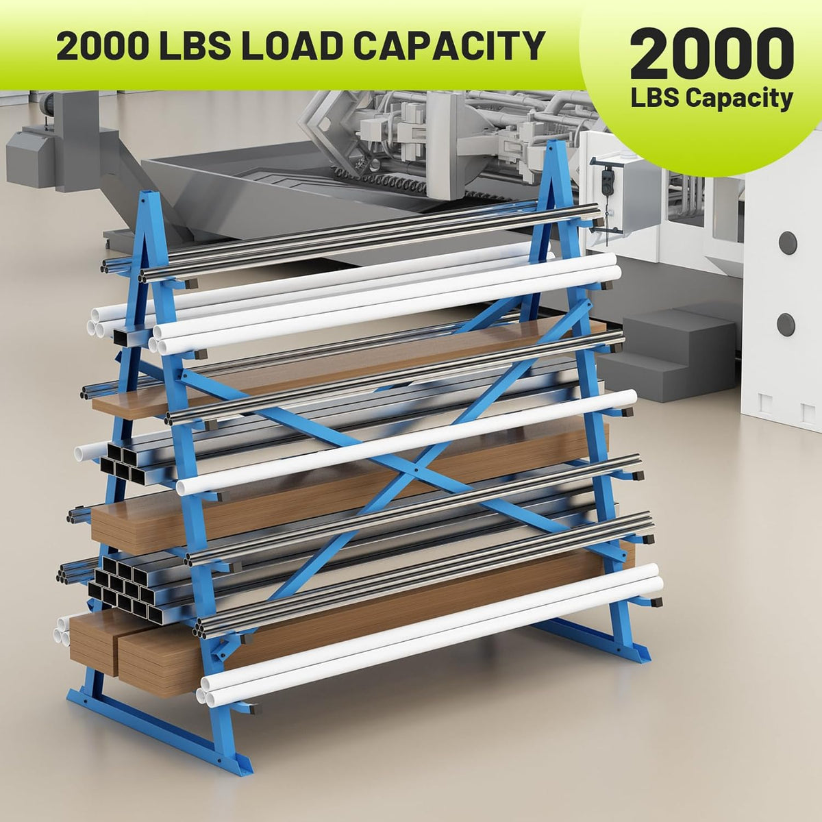 Horizontal Lumber Storage Rack, Heavy Duty 2000 LBS, 60” W x 66” H x 40” D, 7-Tier Metal Garage Shelf with Adjustable Arms for Wood, Pipes, and Building Materials