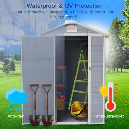 4x6 FT Outdoor Storage Shed, Resin Garden Shed with Thick Floor, Plastic Storage Shed with Window, Waterproof Outside Tool Shed with Lockable Hinged Door for Backyard, Patio, Lawn, Light Gray