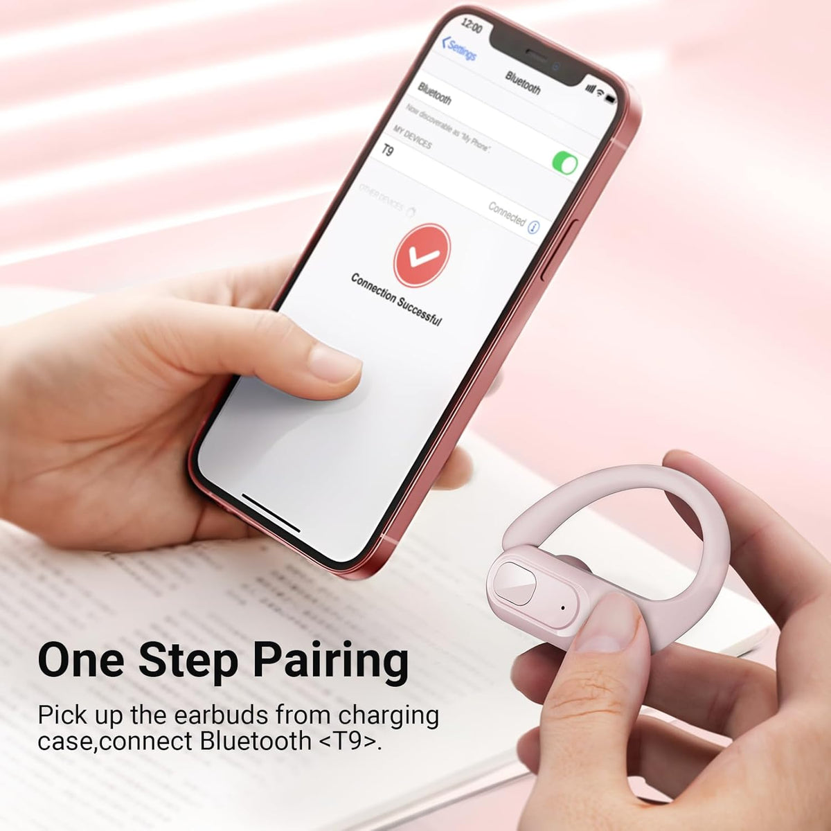 occiam Wireless Earbuds Bluetooth Headphones Ear Buds 96Hrs Playback Sport Over-Ear Waterproof Wireless Headphones Earphones with Earhooks ENC Mics Clear Call for Sport Running Workout Pink