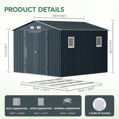 10X10X7.5 FT Outdoor Steel Storage Shed with Lockable Doors, 2 Windows, Frame Floor (No Wood/Other Boards), Ideal for Garden, Backyard, Patio Storage