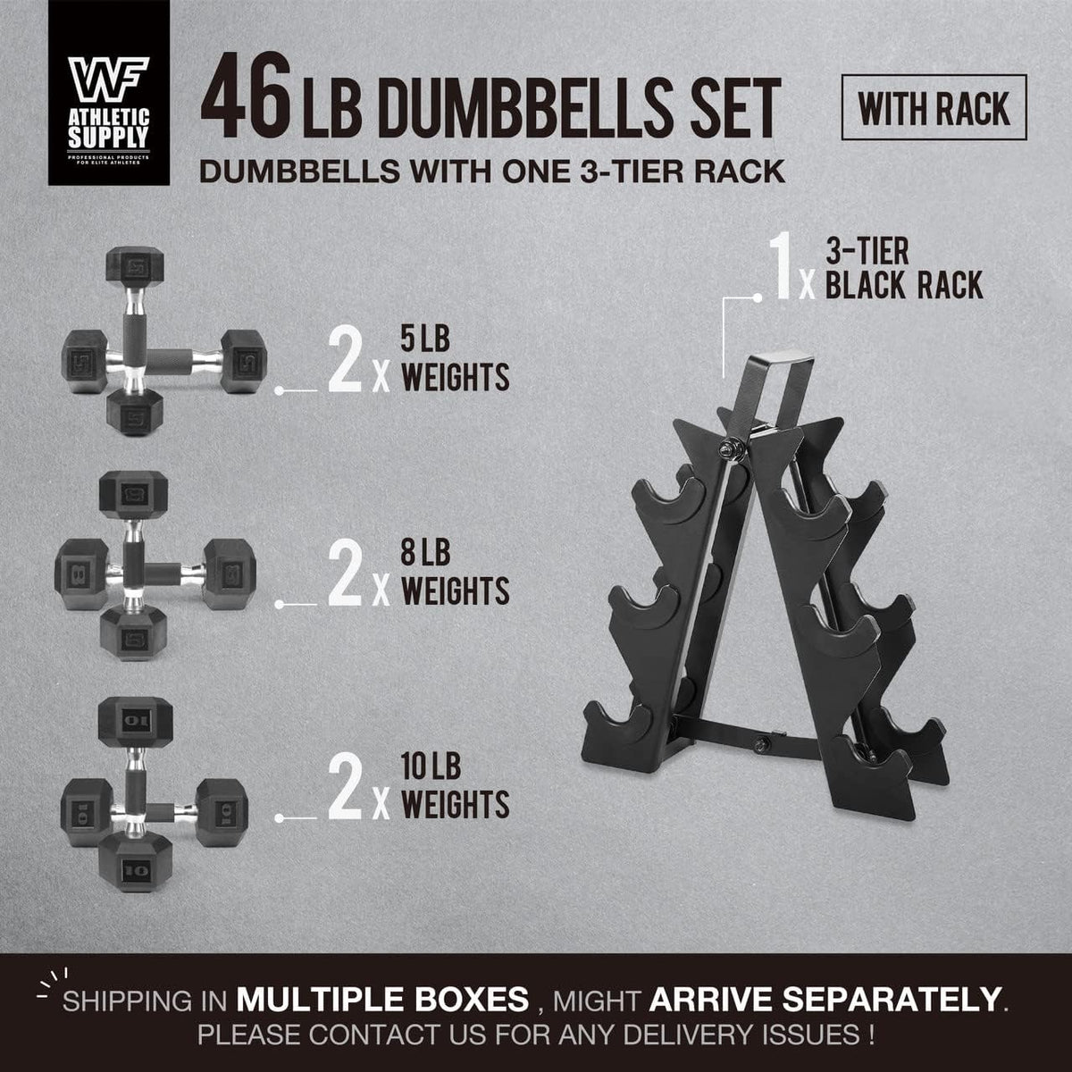WF Athletic Supply Rubber Encased Hex Dumbbells with Rubber Grip Contoured Handle for Muscle Toning, Strength Building & Full Body Workout