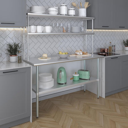 Amgood Stainless Steel Work Table Double Tier Overshelf | Metal Kitchen Prep Table & Shelving Combo (24" x 60" Work Table + 12" Overshelf)