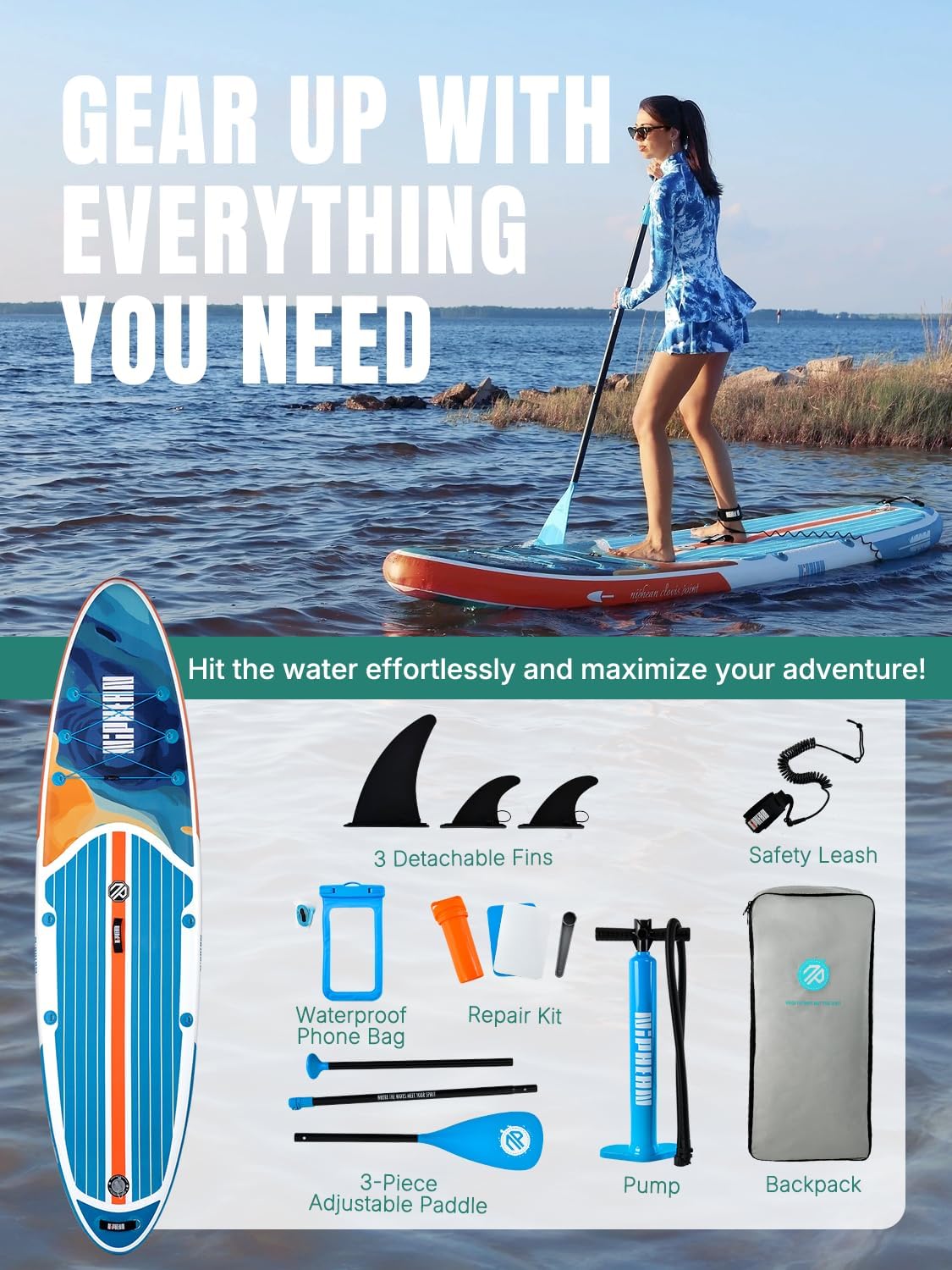 Niphean Inflatable Stand Up Paddle Board with SUP Accessories, Anti-Slip EVA Deck, 10’6’’ Inflatable Paddle Boards for Adults & Youth of All Skill Levels