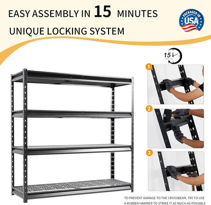 The Atlas 72" W Metal Garage Shelving Unit Load 12000 Lbs, 4 Tier Heavy Duty Storage Rack, Adjustable Industrial Shelves for Warehouse Shop Basement, 72" W x 24" D x 72" H, Black