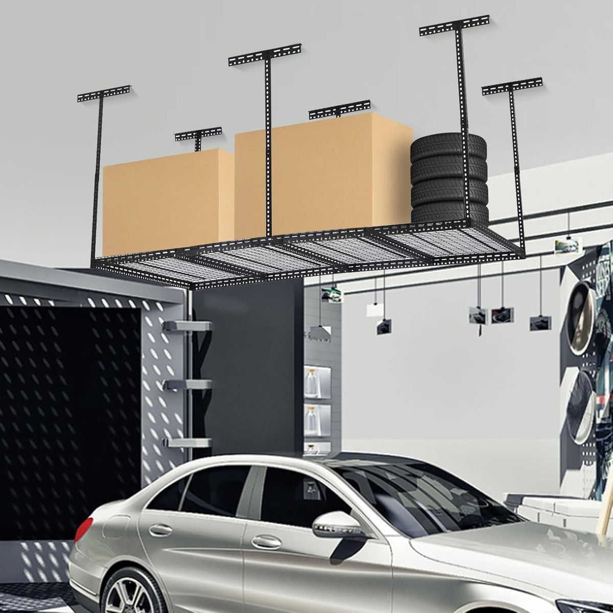 Overhead Garage Storage Rack 4x8 FT, Steel Ceiling Shelves 660lb Capacity, Height Adjustable 22-40 Inches, Space-Saving for Attic Basement Shed (Black, 6 Posts)