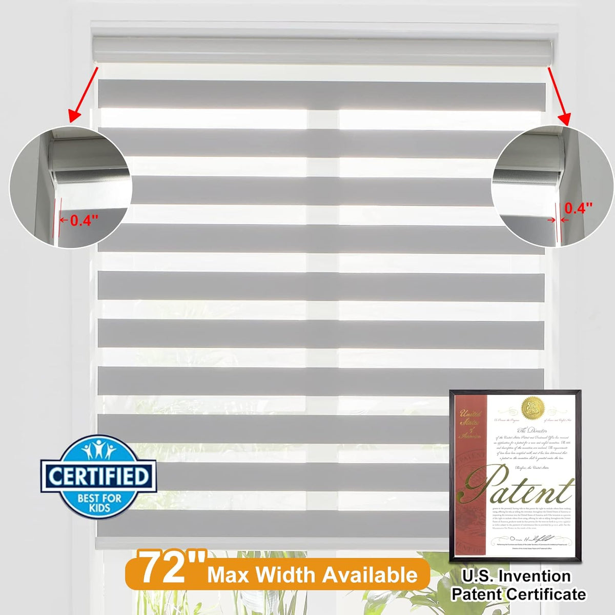 Persilux Cordless Zebra Blinds for Windows (35" W X 64" H, Grey) Free-Stop Roller Windows Shades Dual Layer Light Control for Day and Night, Light Filtering Sheer Shades for Home, Easy to Install