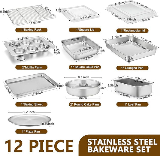P&P CHEF Stainless Steel Bakeware Set, 12-Piece Kitchen Baking Pans Set, Baking Sheet with Rack, Square Cake Pan with Lid, Lasagna Pan, Loaf Pan, Muffin Pan, Pizza Tray & 2 Covers, Easily Clean
