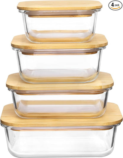 Vtopmart Glass Food Storage Containers with Bamboo Lids, 4 Pack Meal Prep Glass Containers Safe for Microwave, Oven, Freezer and Dishwasher, BPA Free