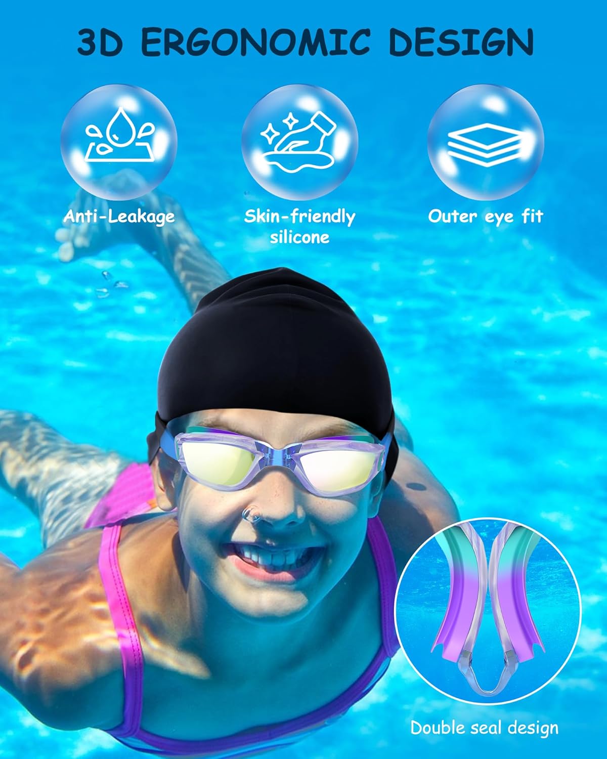 Kids Swim Goggles, Swimming Goggles for Kids Toddlers 3-14 with Swim Cap, Nose Clip, Nose Bridge, Ear Plugs