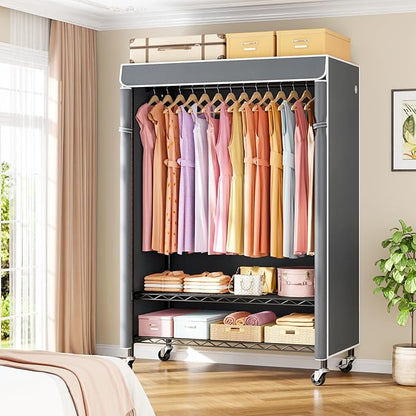 ULIFHOME P6C Plus Rolling Clothes Rack with Cover, Covered Clothing Rack Heavy Duty, Portable Closet for Hanging Clothes, Garment Rack on Wheels, Black Closet Rack with Gray Cover, Max Load 375LBS